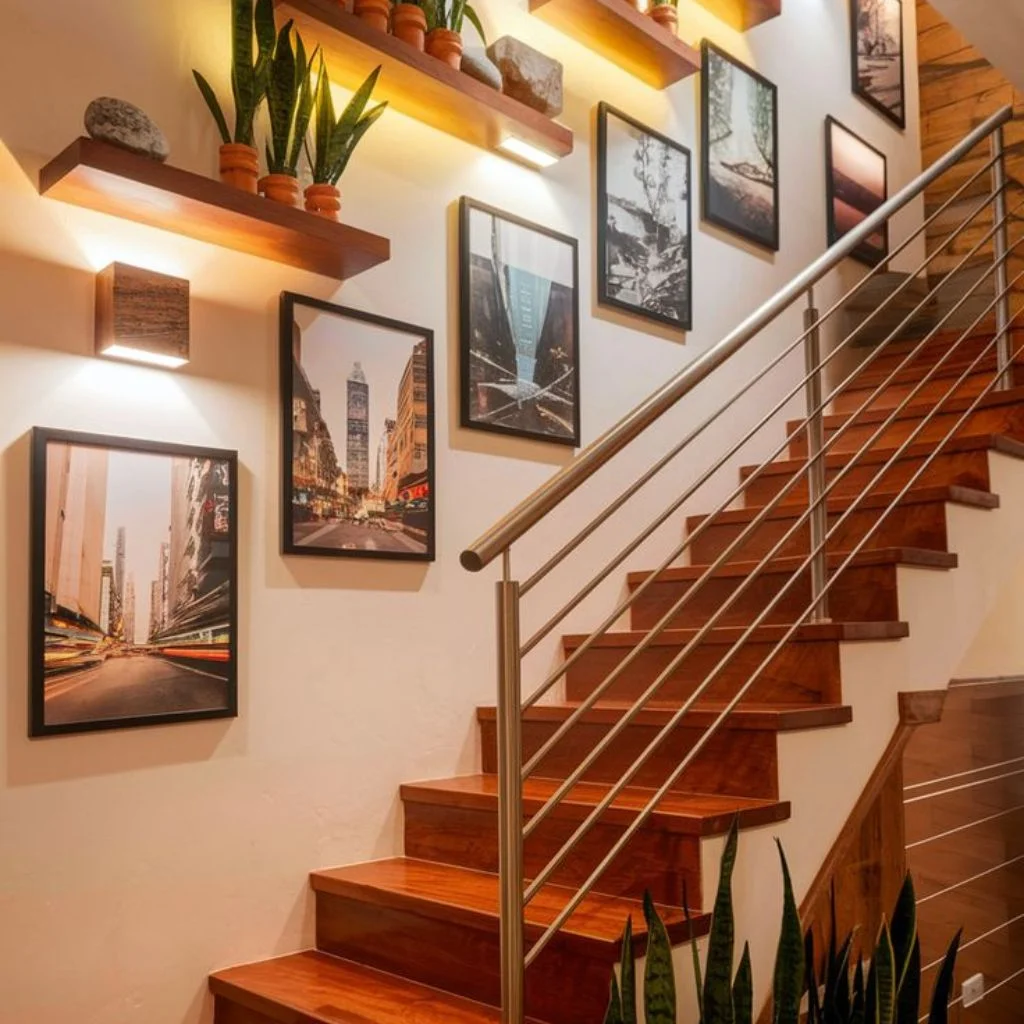 Floating Shelves Bring Display Space Without Crowding the Steps