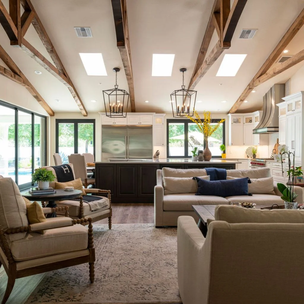 Living Room That Pairs Espresso Beams With Honey Oak Flooring