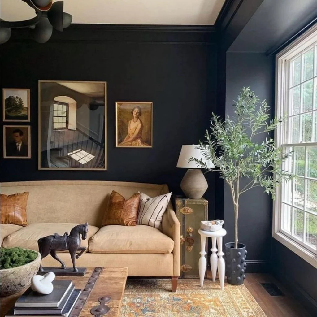 black accent wall living room