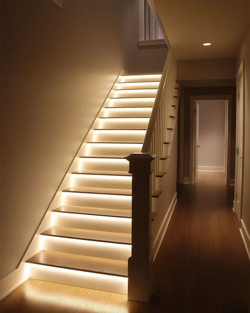 LED strip lighting under basement stair treads glowing warm white