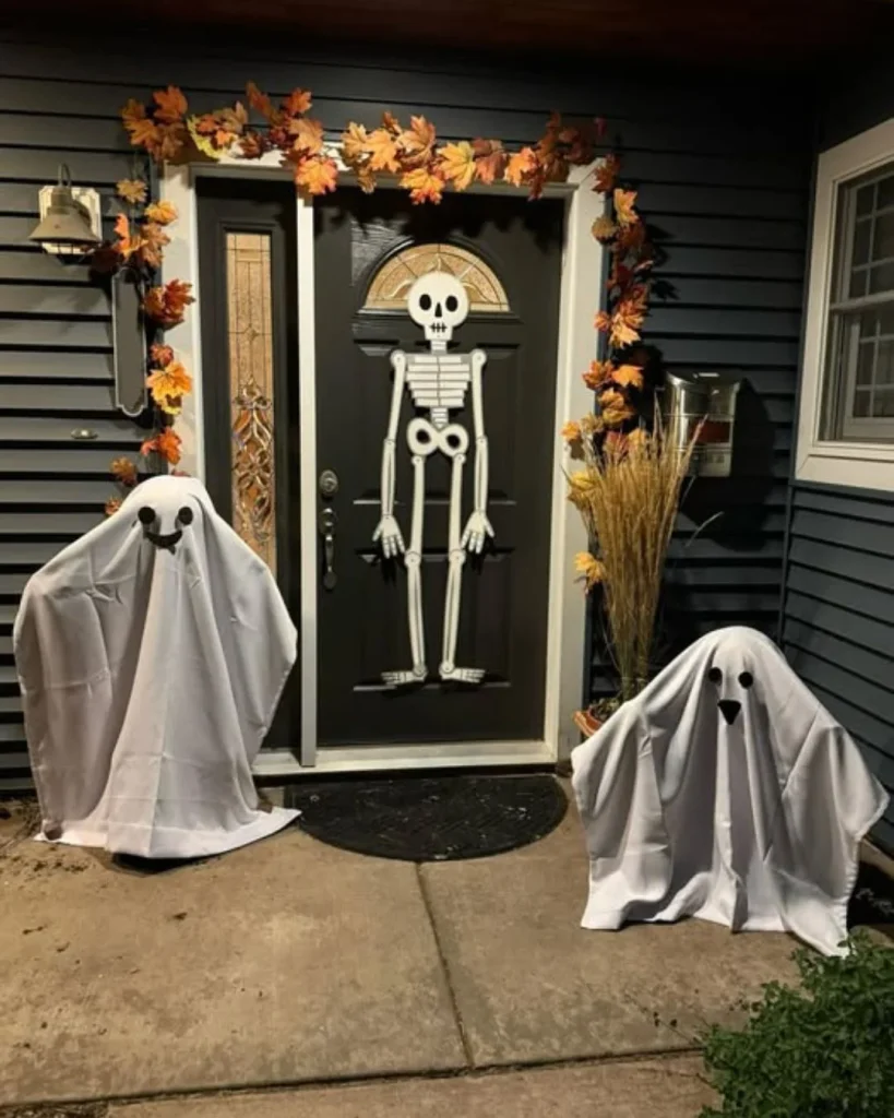 black white Halloween porch ghost decor