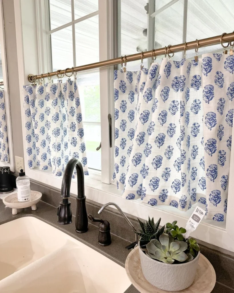 bold patterned cafe curtains kitchen window