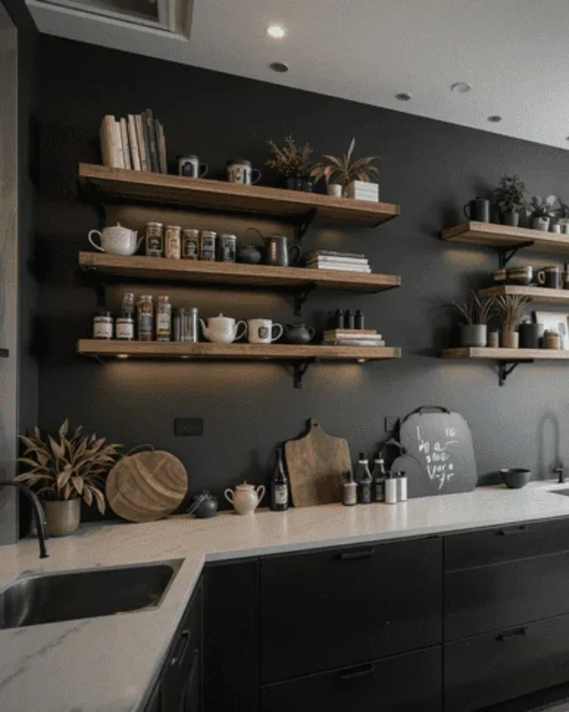 kitchen open shelving dark wall