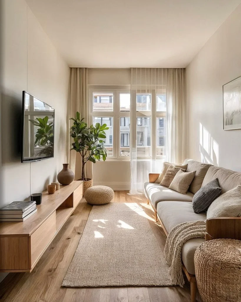 narrow living room sofa layout