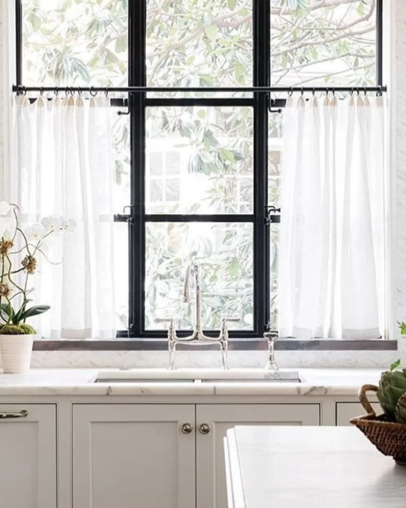 white cafe curtains bright airy kitchen window