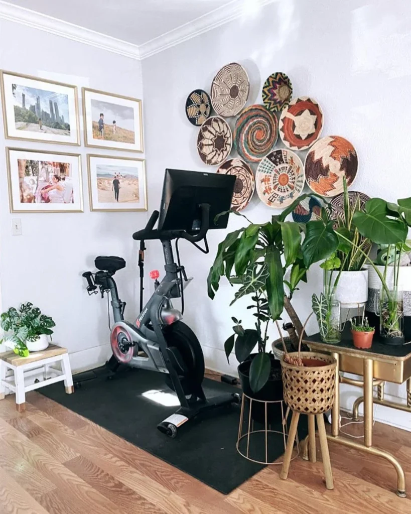 Boho Peloton room with terracotta tones, rattan and trailing plants