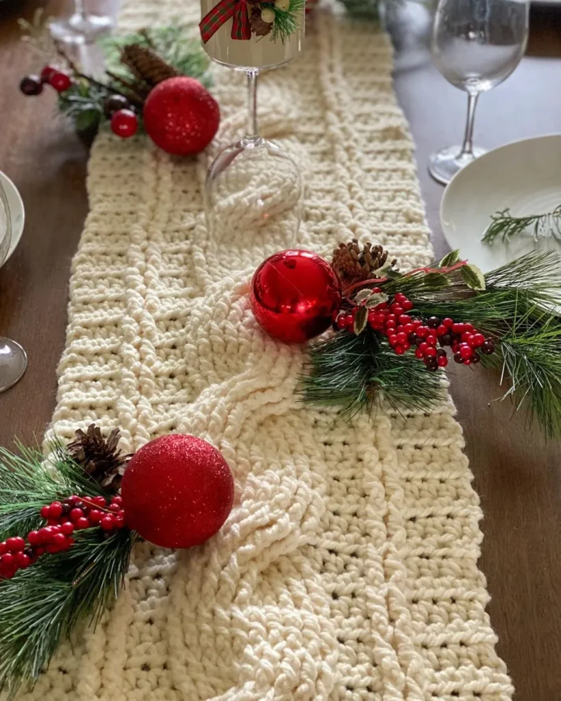 Christmas Tables Dressed in Snowflake Lace and Berry Red square crochet runners