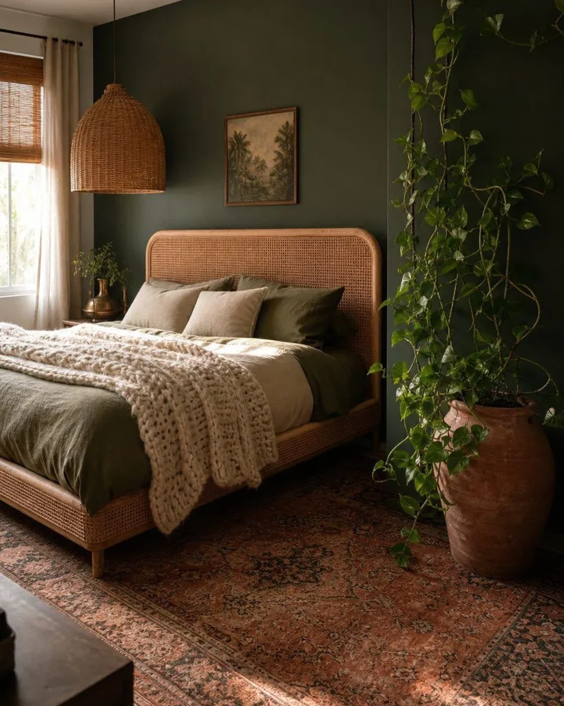 Deep green painted wall and matching headboard with cream bedding