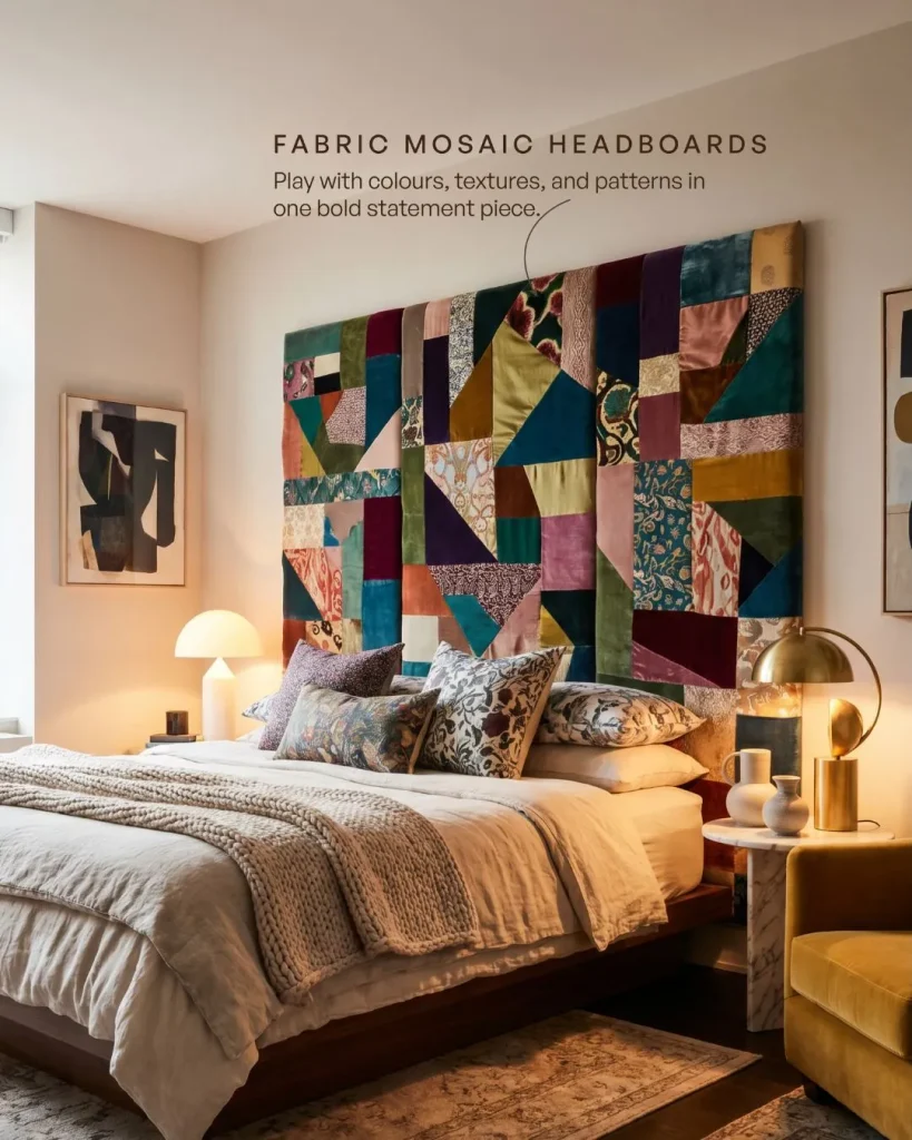 Painted headboard makeover in a bold bedroom colour with matching wall