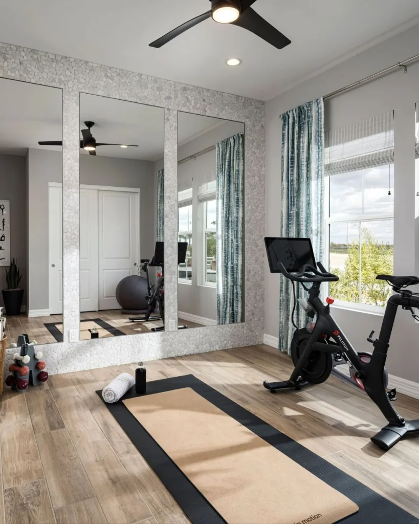 Tidy home cycling nook with rubber mat, floor lamp and small fan