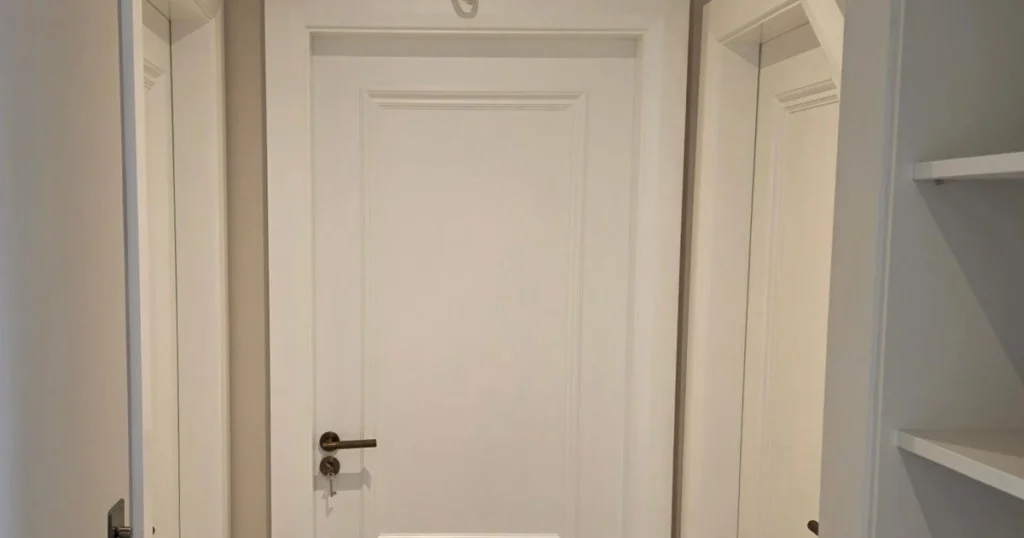 White paneled hallway doors with white built-in shelving and light wood flooring