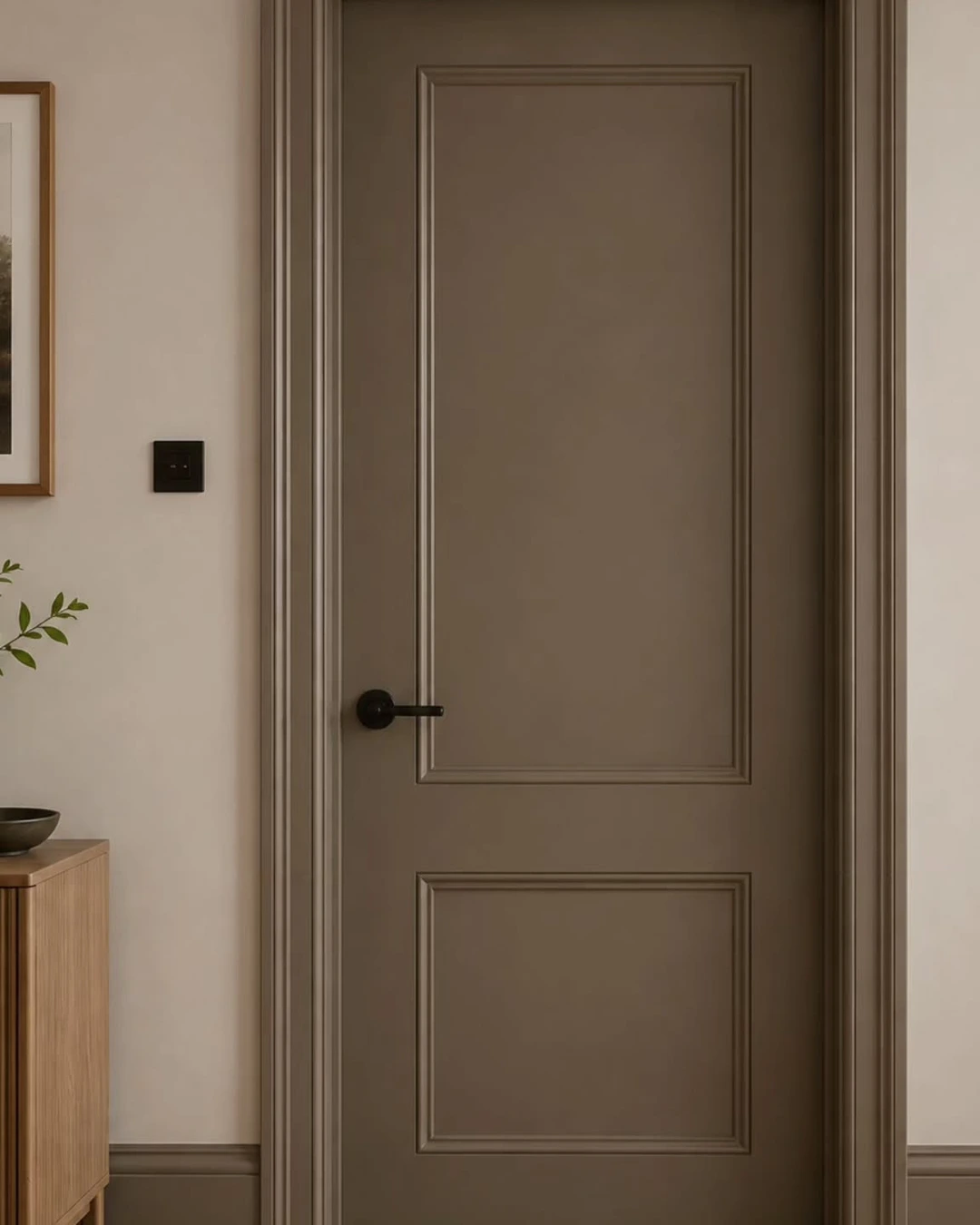 Warm taupe two-panel door with matching taupe frame and black handle