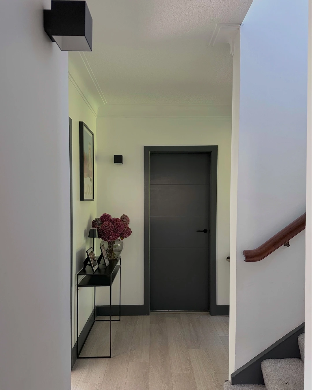 Dark charcoal gray door with matching trim at the end of a bright hallway