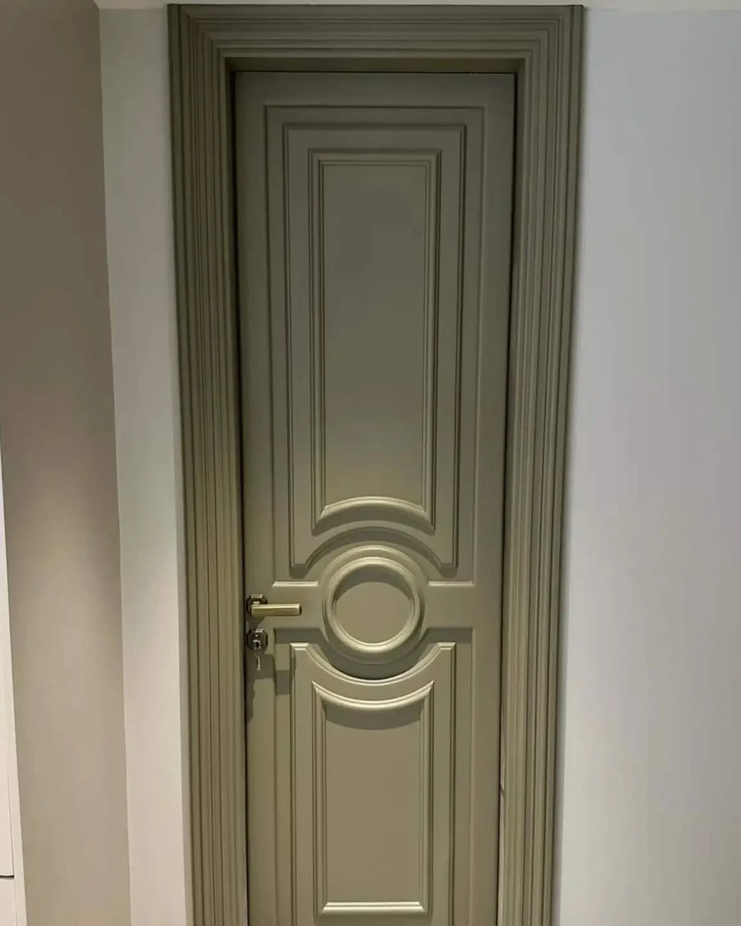 Muted gray-beige paneled door with raised paneling and circular motif