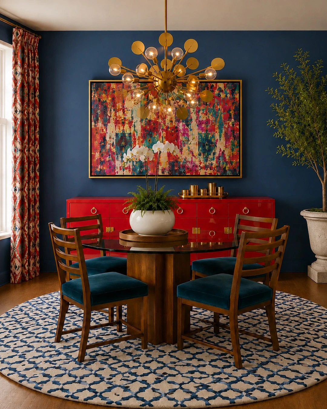 Dining room with deep navy grasscloth walls, red credenza and teal velvet chairs