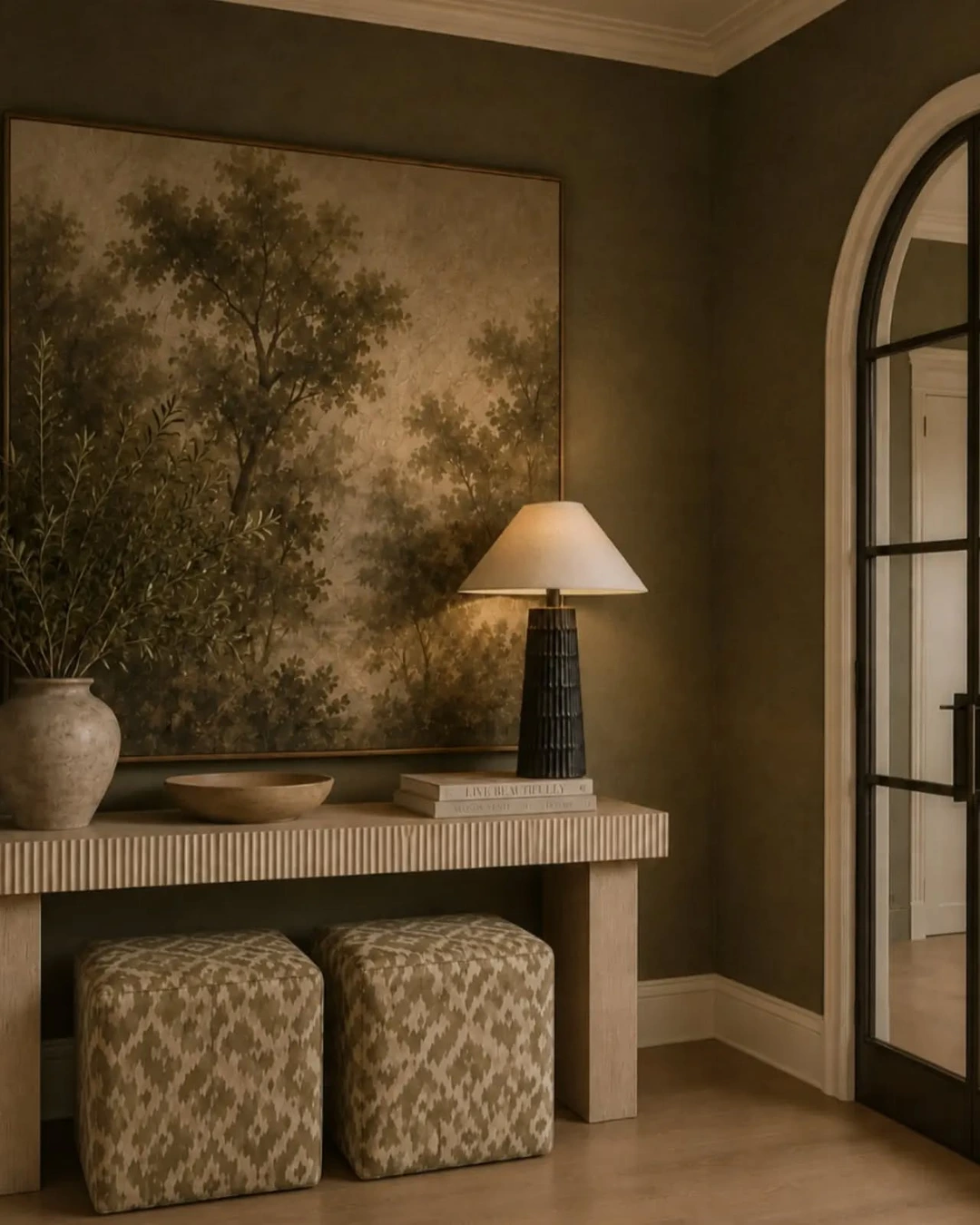 Entrance hall with olive grasscloth walls, reeded console table and patterned ottomans