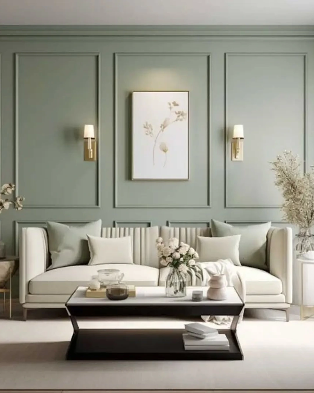 Sage-green panel moulding wall with brass sconces and a botanical print above a cream sofa
