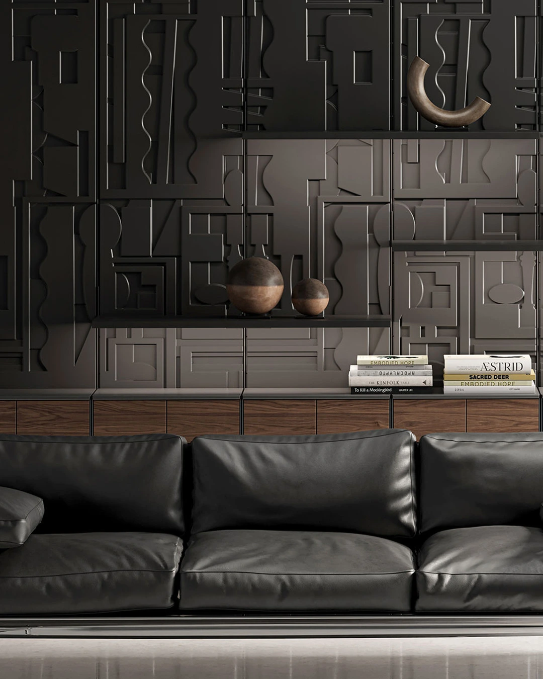 Black leather sofa against large-scale geometric relief wall panels with floating shelves