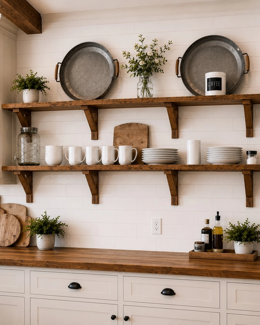 Wooden open shelves on a white tiled wall with metal trays, white mugs and bowls, a wooden board, glass jars, and small plants