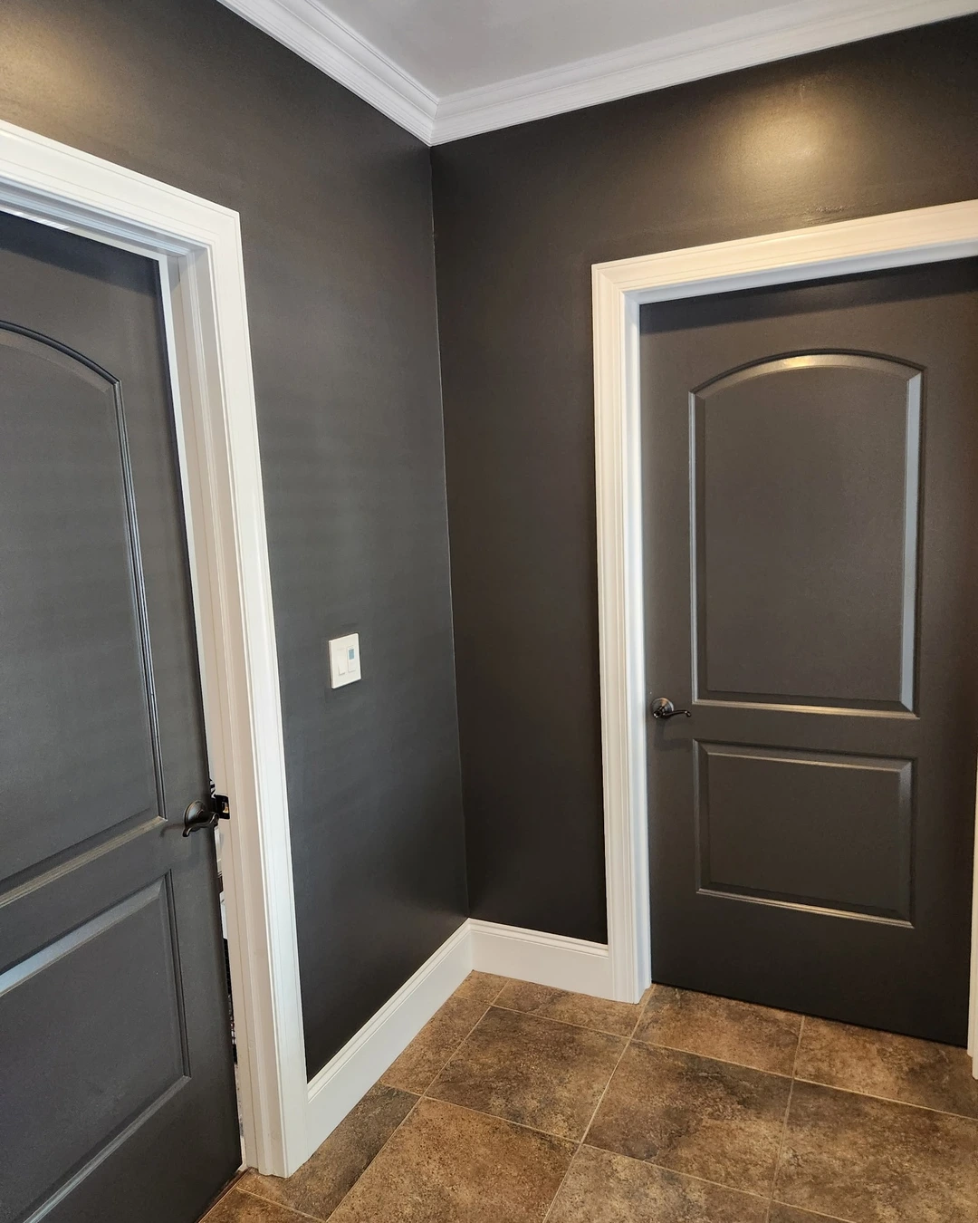 Painted corner with deep charcoal walls and matching charcoal doors, white trim, and a tiled floor.