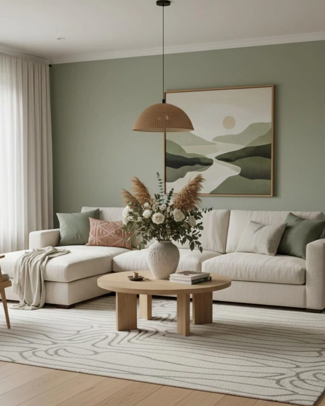 Living room with muted sage-green walls, a white sectional, a round wooden coffee table, and a large landscape painting.