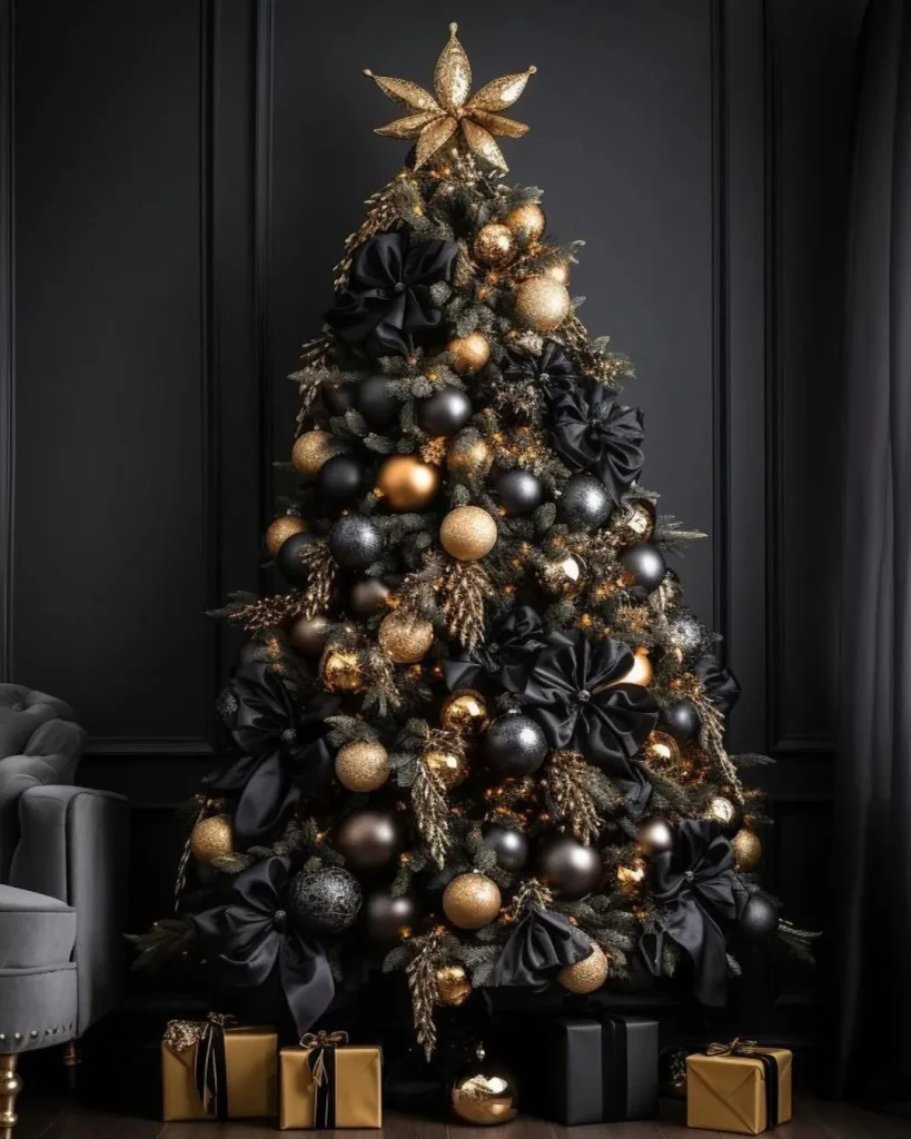 •	black christmas tree gold baubles