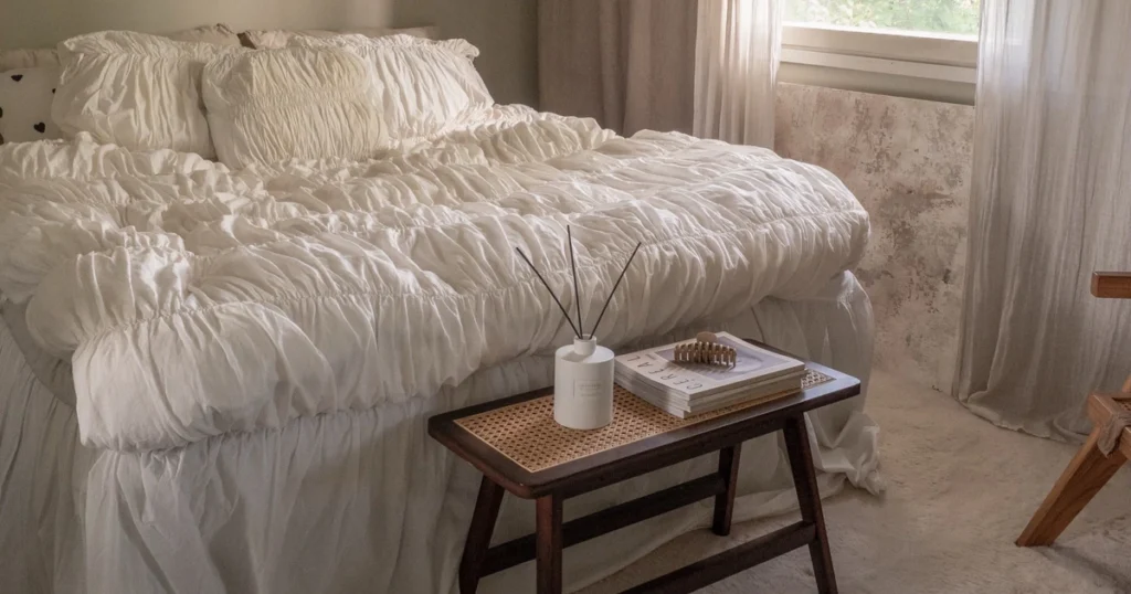 Bed dressed in white gathered ruffle bedding with matching pillows in a calm bedroom with sage walls and a wooden bench