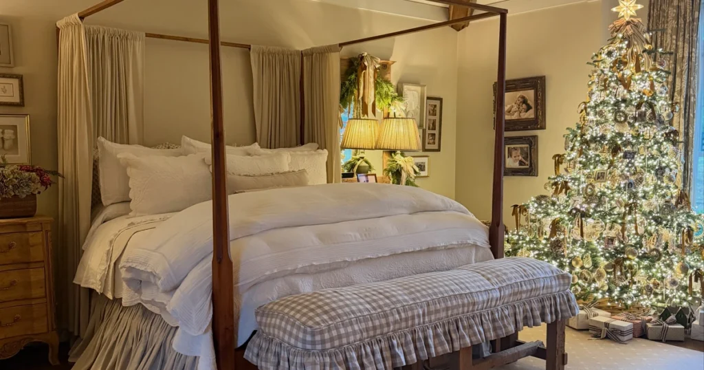 Four-poster bed with white linens and gingham bench beside a tall lit Christmas tree with gold ornaments and gifts.