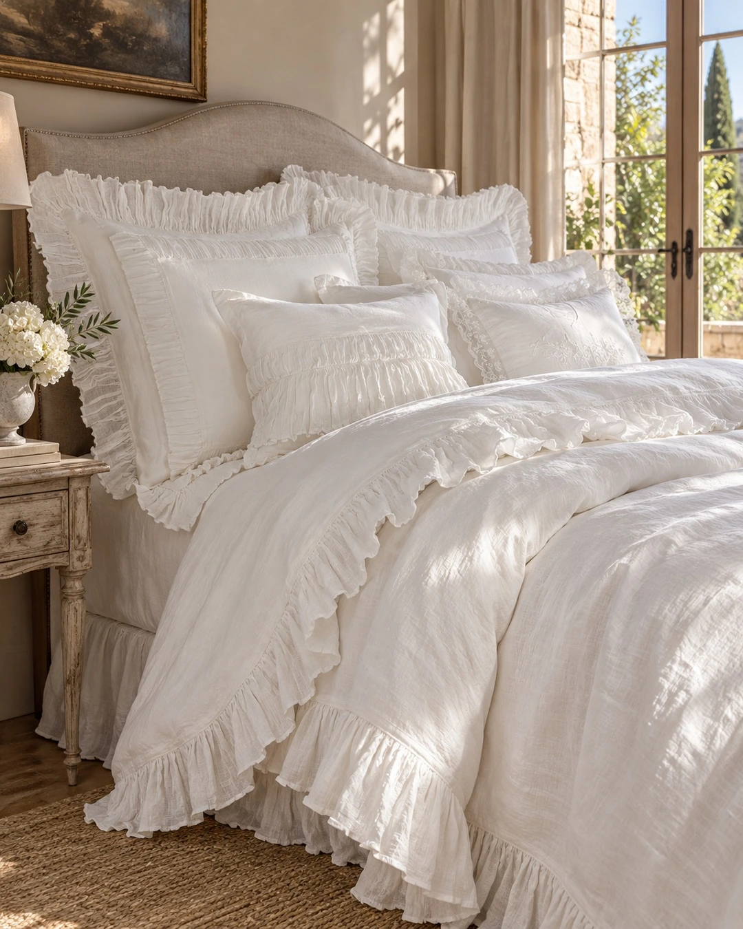 All-white bed with ruffled duvet cover and layered ruffled pillows beside French doors