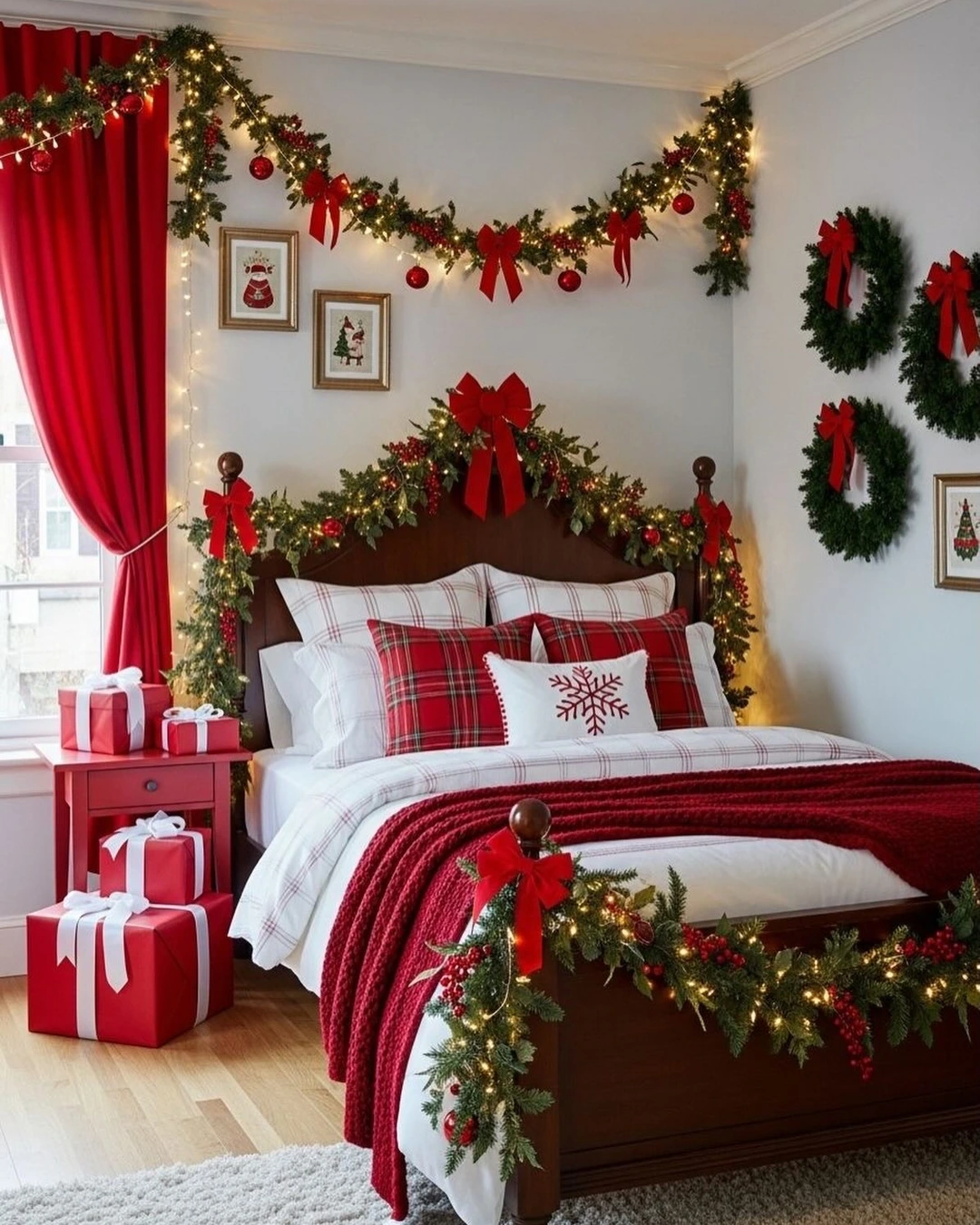 Bed with red plaid pillows and a red knit throw, garlands with lights and red bows on the headboard and footboard.