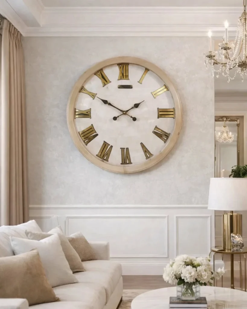 Oversized round wall clock with a cream face and gold Roman numerals above white wainscoting in a living room