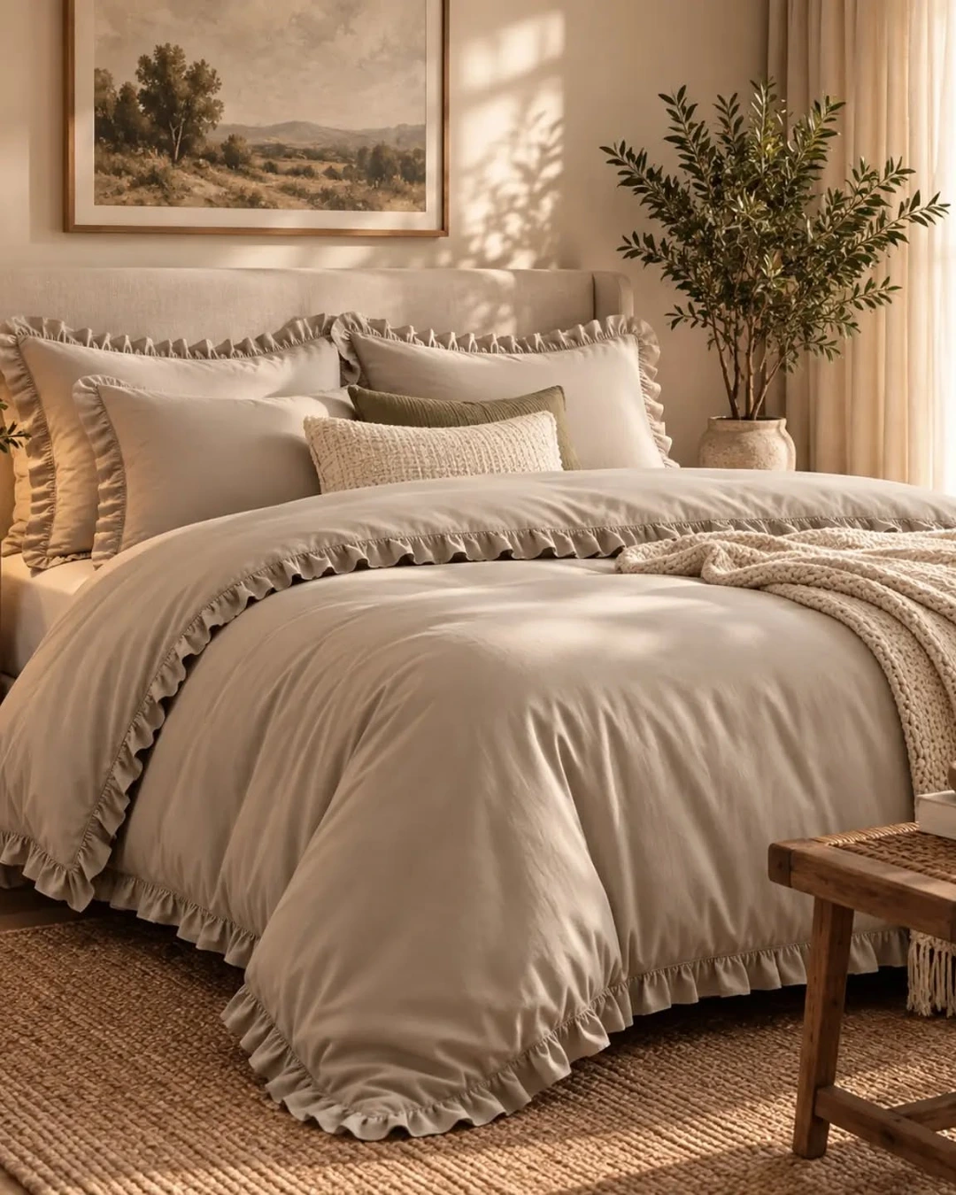 Calm neutral bedroom with beige ruffle bedding, layered pillows, and a chunky knit throw