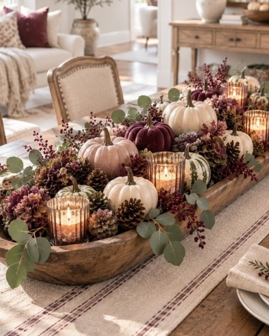 Long wooden dough bowl with white, blush pink, and burgundy velvet pumpkins, pinecones, hydrangeas, berries, and lit candles in glass holders on a neutral runner.