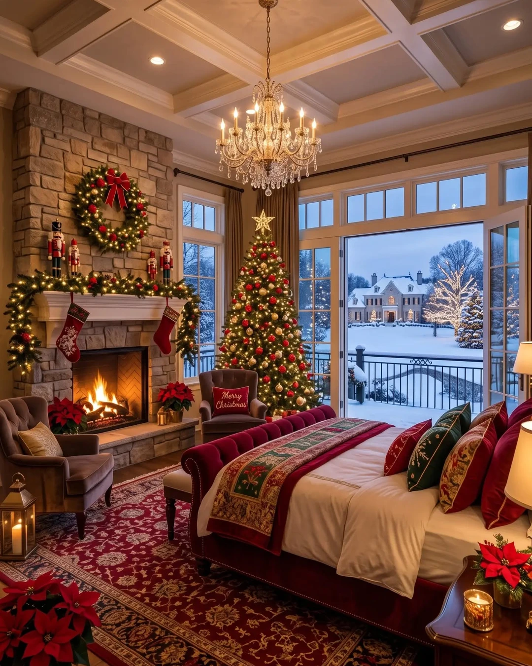 Bedroom with stone fireplace, lit garland and wreath, nutcrackers, two red stockings on mantel, red and gold tree, and bed with burgundy headboard.