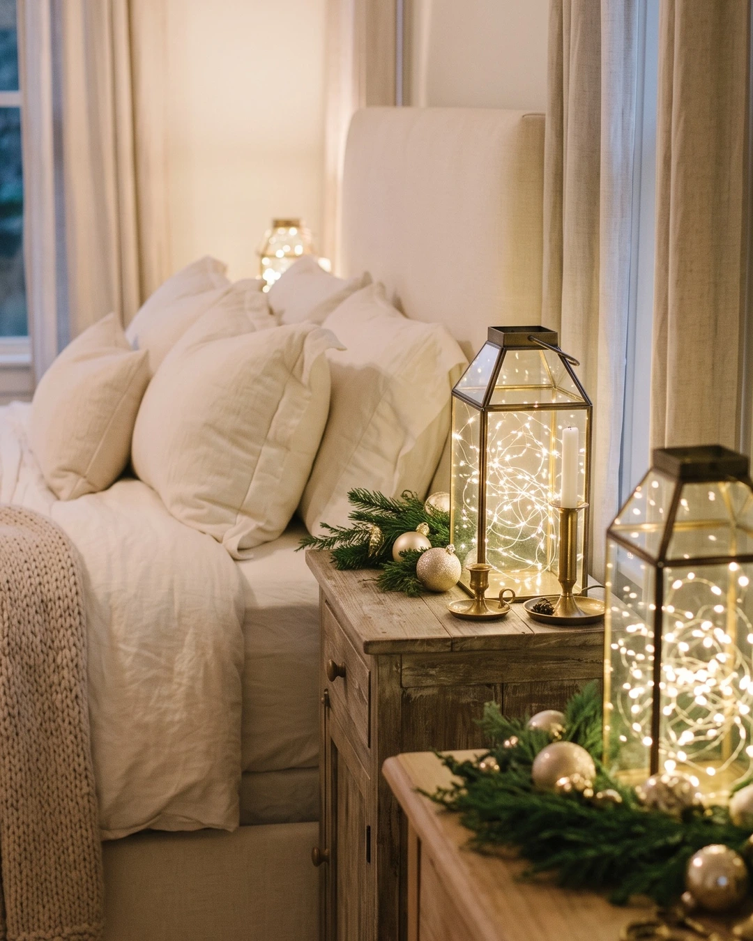 Wooden nightstand with glass lanterns filled with warm fairy lights, greenery, gold ornaments, and brass candlesticks beside a bed.