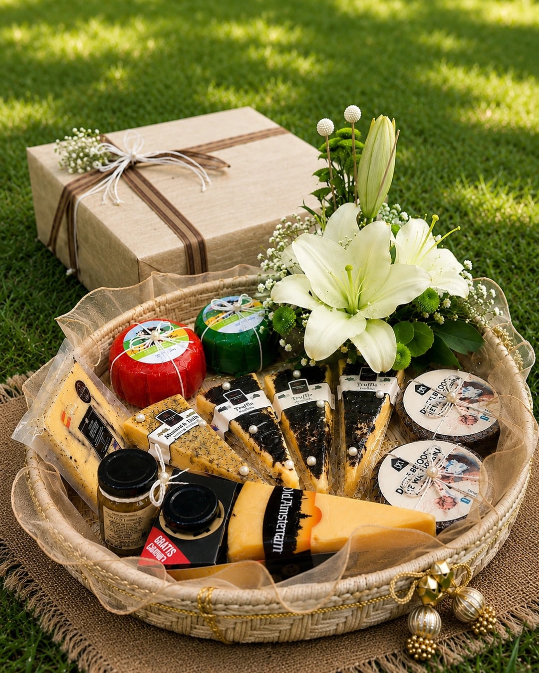 Round woven basket with cheese wedges and rounds, two small jars, and white lilies and greenery, on grass with a gift box behind.