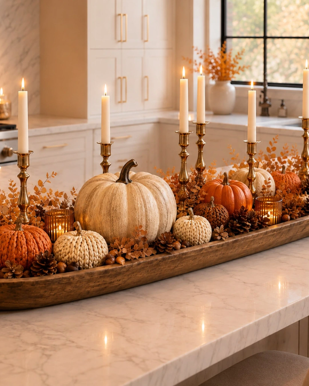 Long wooden dough bowl on a marble kitchen island with pumpkins, pinecones, acorns, amber votives, and tall white taper candles in brass holders.
