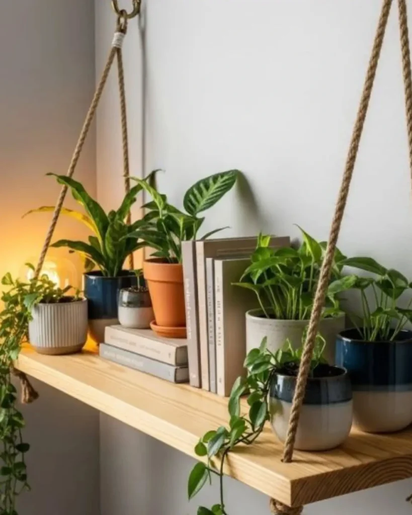 Wooden shelf hung by thick ropes holding potted plants and books against a white wall