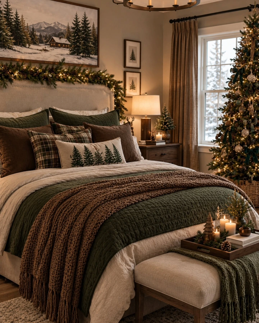 Bed with green quilted bedding, brown knit throw, plaid pillows, lit pine garland, and lit tree by a snowy window.