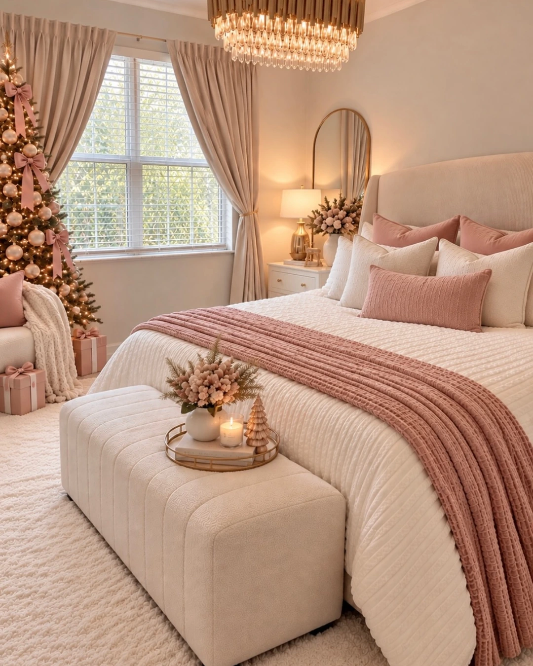 Pink and cream bedroom with pink throw, pink and cream pillows, and tree with pink bows and gold ornaments.