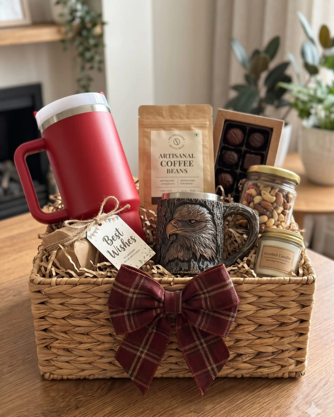 Wicker basket with a red travel mug, coffee beans, chocolates, mixed nuts, a scented candle, and an eagle-head mug, with a plaid bow.