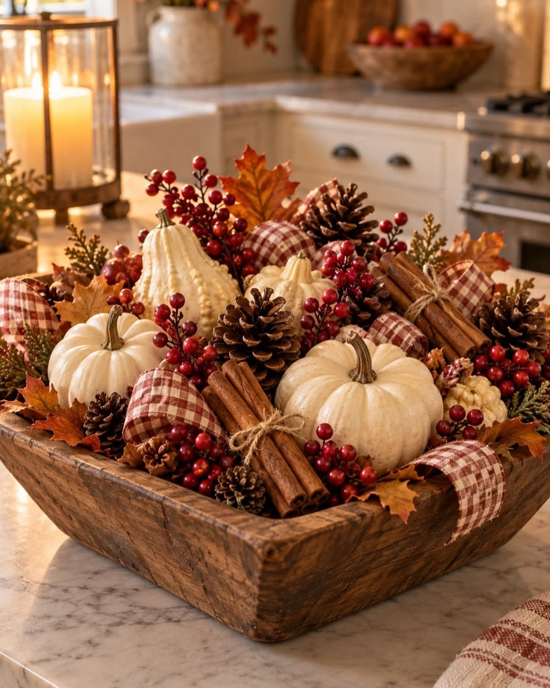 Wooden dough bowl with white pumpkins and gourds, red berries, pinecones, cinnamon bundles tied with twine, and red-and-white gingham ribbon.