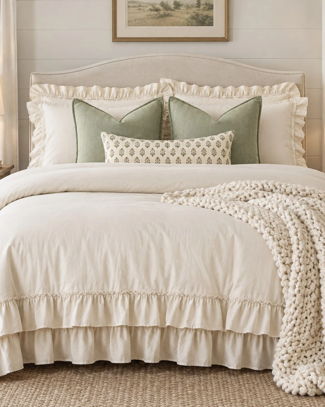 Cream ruffled bedding layered with sage green pillows, a patterned lumbar pillow, and a chunky knit throw