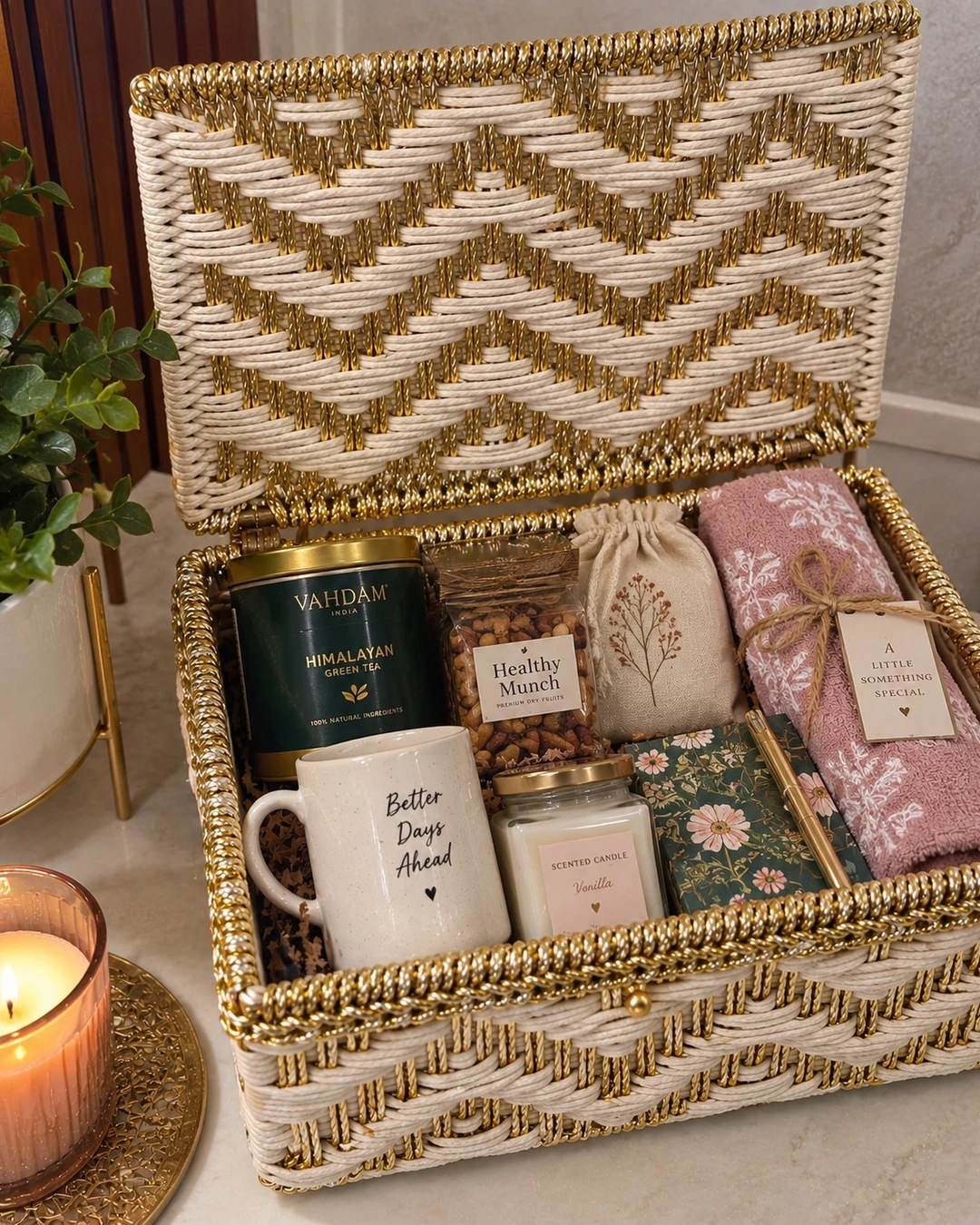 Open woven hamper with a green tea tin, a printed mug, a scented candle, a floral notebook, a rolled towel, nuts, and a pouch.