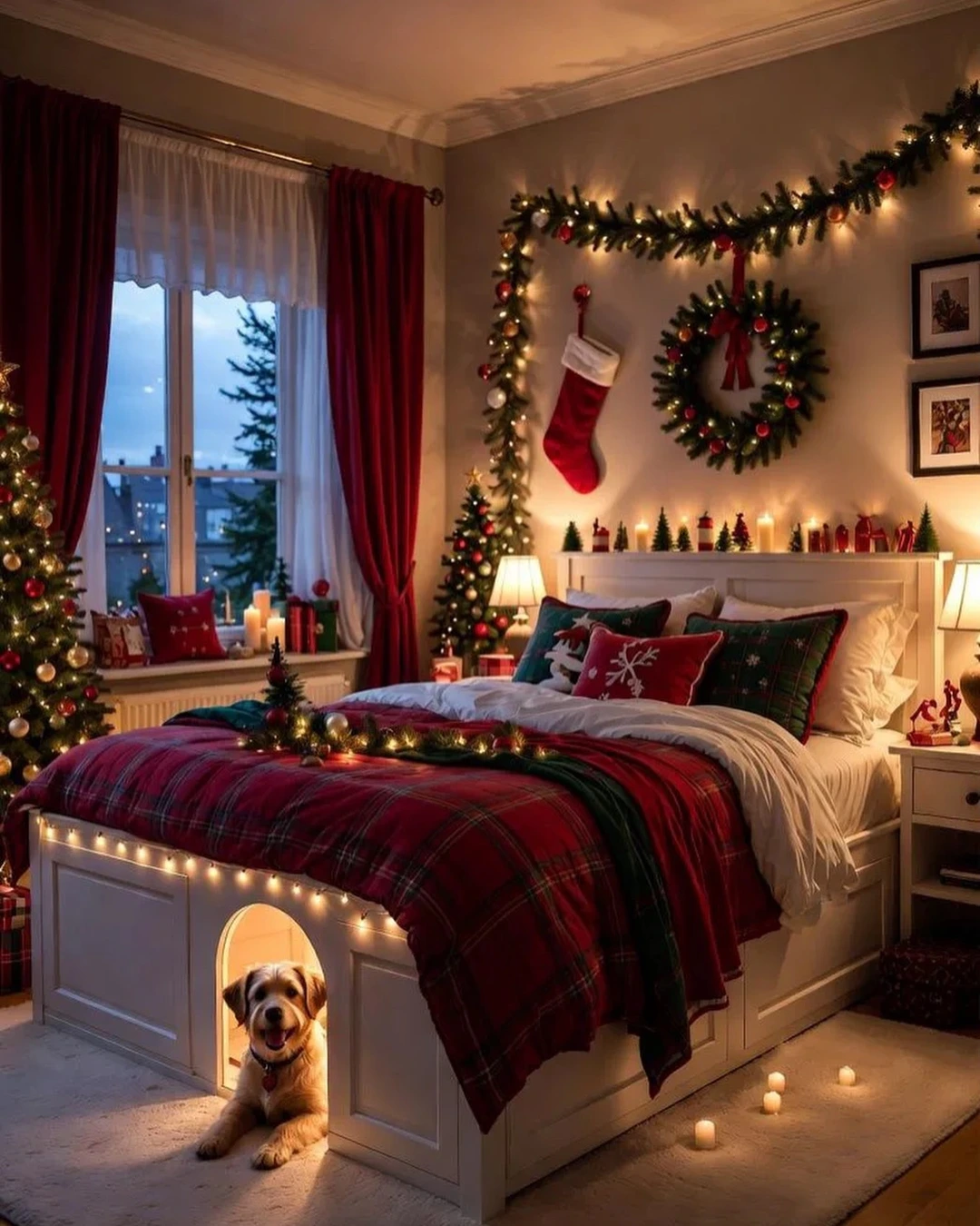Bedroom with lit garland and fairy lights above the headboard, wreath, stocking, red plaid bedding, and dog in a bed-base nook.