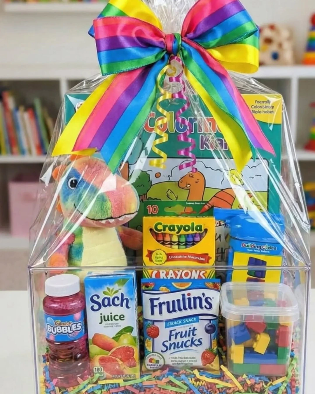 Clear wrapped basket with a rainbow bow, a dinosaur plush, a coloring kit, crayons, building blocks, bubbles, juice, and snacks.