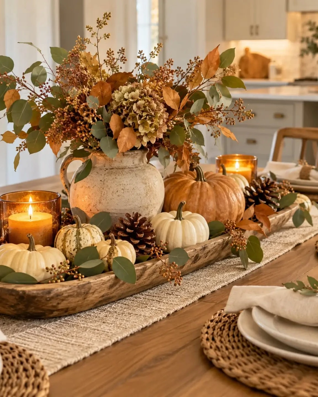 Long wooden dough bowl on a dining table with white and orange pumpkins, pinecones, greenery, and two lit amber glass candle holders, with a ceramic pitcher of dried foliage behind it.