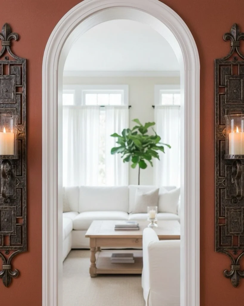 Pair of tall dark metal candle sconces with lit pillar candles flanking a white arched doorway on a terracotta wall