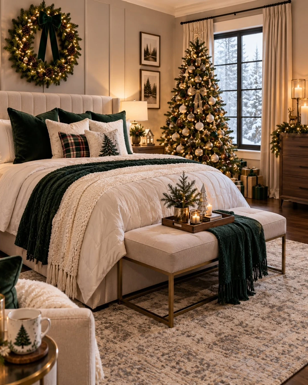 Bed with white linens and dark green velvet pillows, lit wreath with green bow above, gold and white tree by snowy window.
