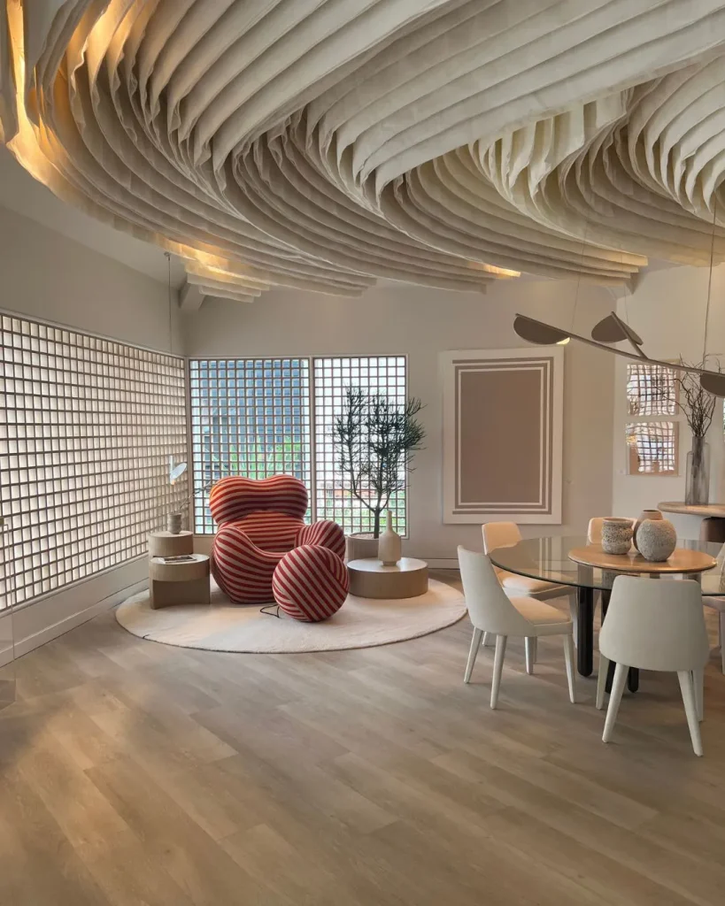 living room seating area fabric draped ceiling